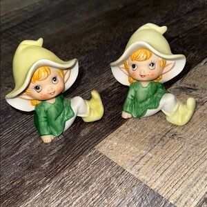 Whimsical Homco Pixie Figurines with Green and Yellow Outfit